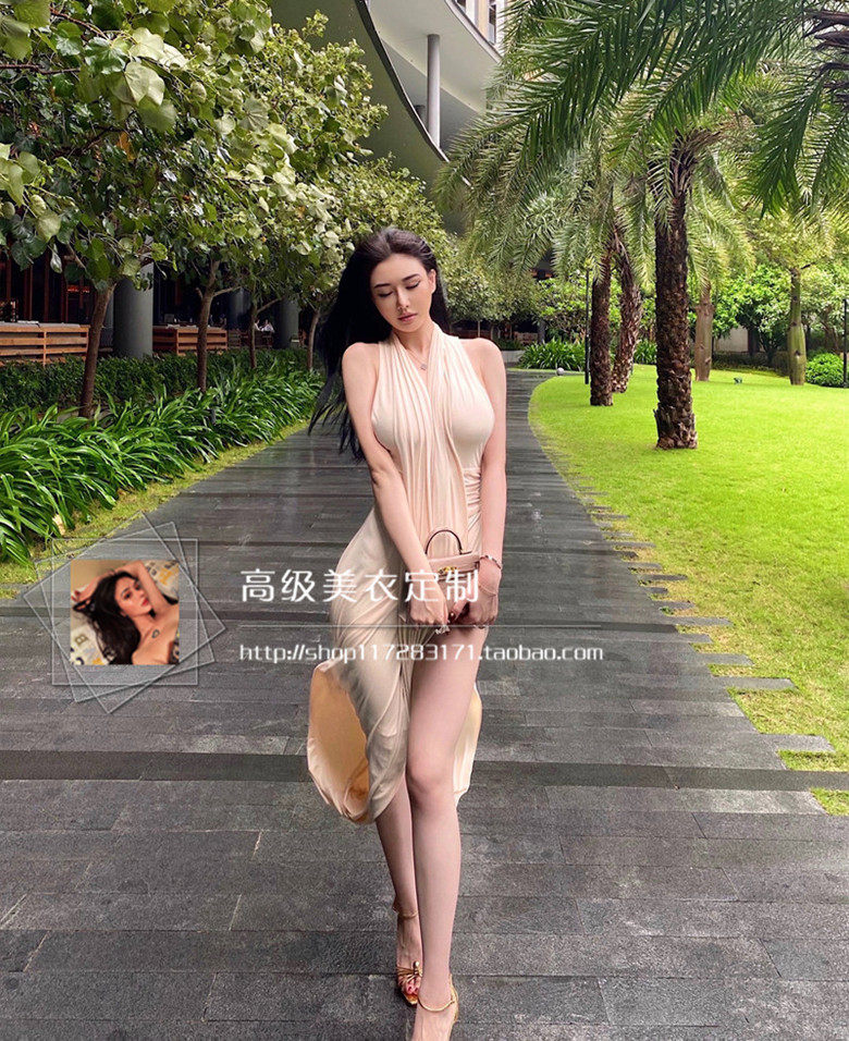御姐性感V领挂脖式无袖显胸修身包臀长款开叉连衣裙度假长裙