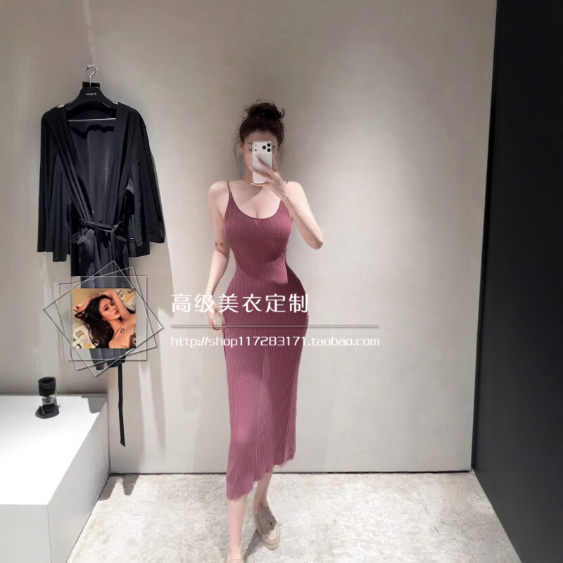 【线条透密】sk*ms性感U领修身弹力针织微透后开叉吊带包臀连衣裙