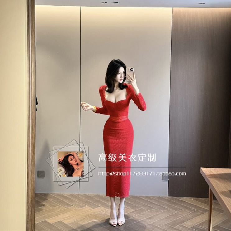 【千娇百媚】御姐性感蕾丝裹胸长袖收腰包臀连衣裙高级感长款礼服