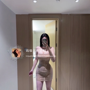 bling爆闪满钻抹胸裙~御姐性感高弹网纱一字领修身包臀连衣裙短裙