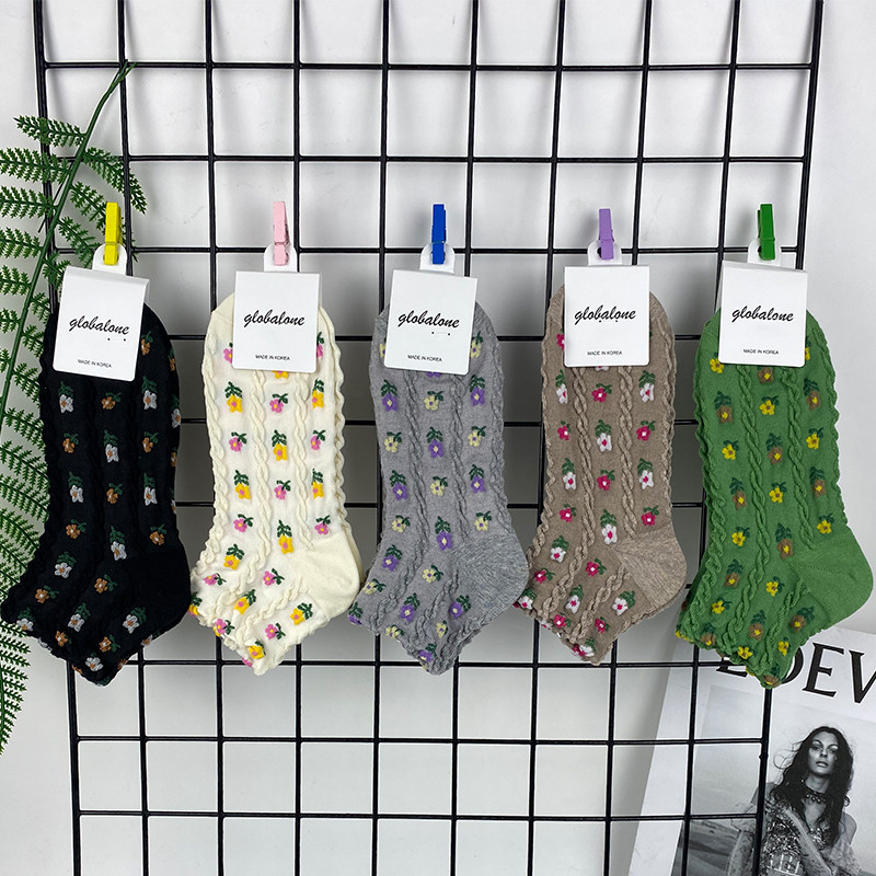 韩国东大门进口潮流韩版五彩小花朵麻花碎花少女浅口纯色女生短袜
