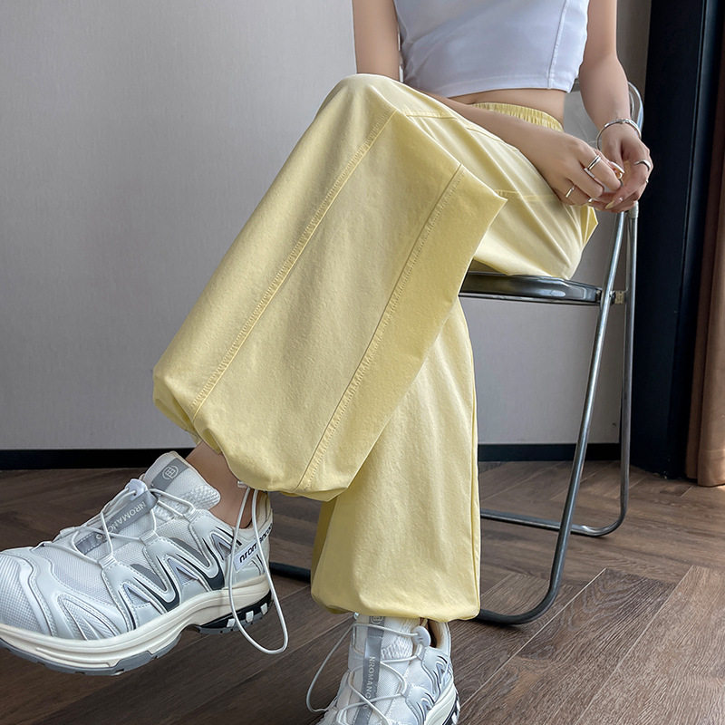 美式高腰工装阔腿裤女夏季薄款速干垂感休闲裤小个子工装裤浅黄色