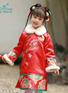 汪小荷汉服女童新款女童唐装女宝宝周岁礼拜年服加厚早春连衣裙