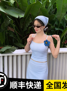 泳衣女保守分体格子比基尼小胸聚拢裙式高级感四件套海边度假温泉