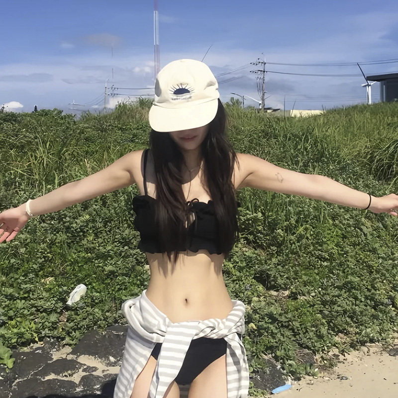 黑色吊带抹胸木耳边性感分体泳衣女温泉小胸辣妹度假沙滩海边网红