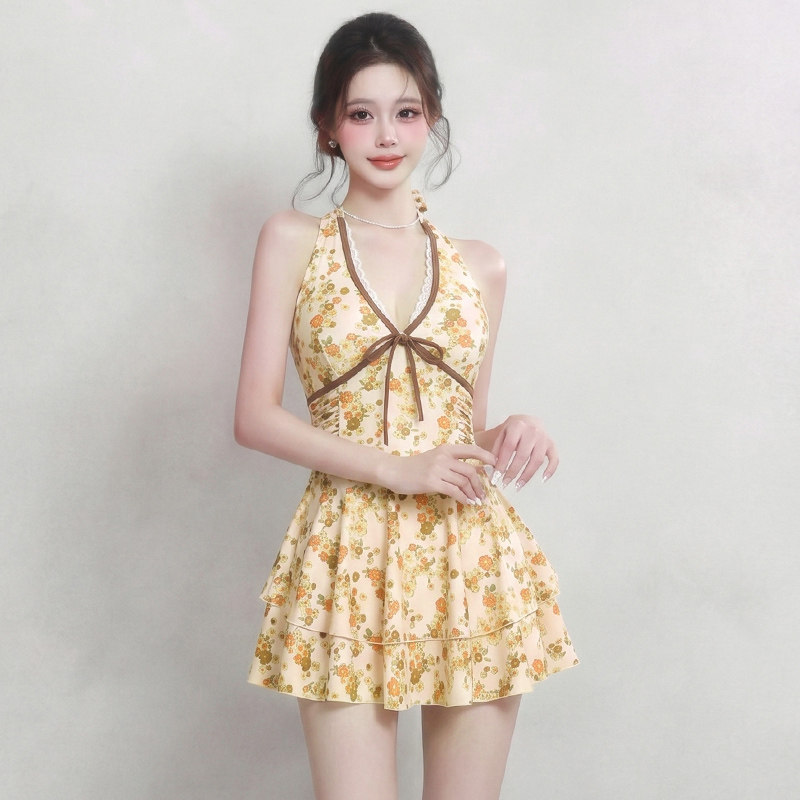 古浪鱼港味辣妹风挂脖碎花连体泳衣女蝴蝶结V领显瘦泳装