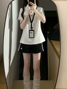 夏季学院风小众白色波点刺绣短袖polo衫体操运动服短裤叠穿套装女