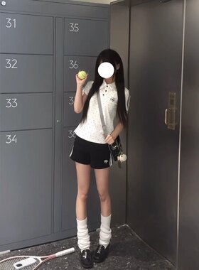 甜辣体操运动服白色短袖polo衫叠穿阔腿短裤校供感日系学院风套装