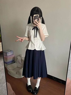 【小栀】正版原创Jk制服学院风刺绣收腰修身衬衫长裙校供感裙套装