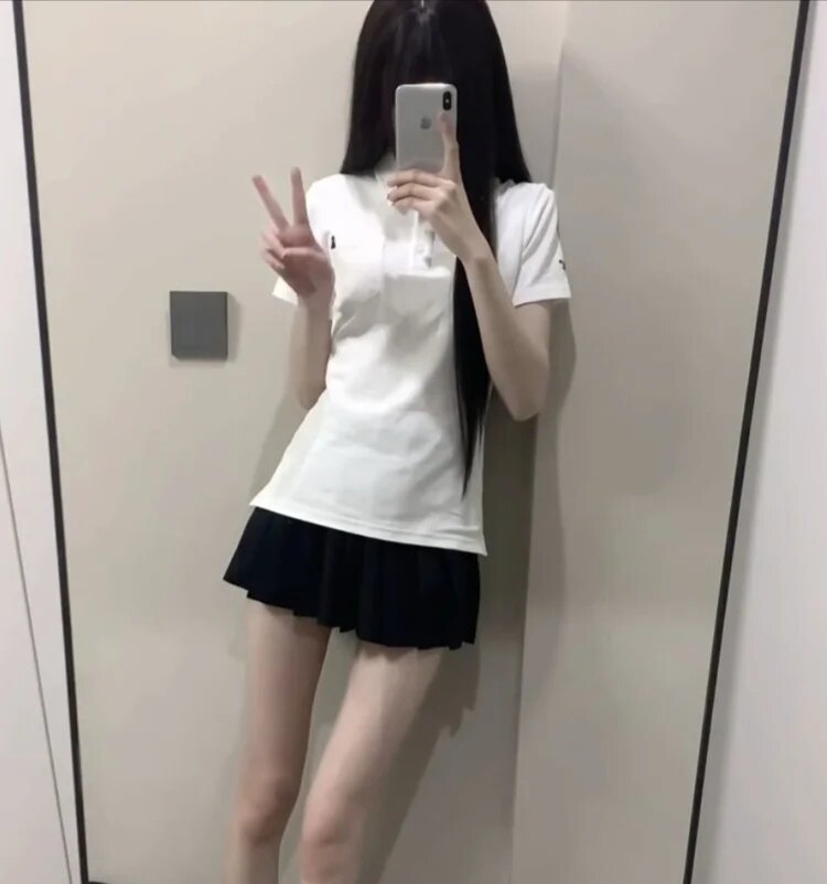 日系学院风白色收腰短袖polo衫女夏季修身显瘦百搭校供感舒适T恤