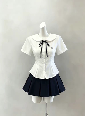 小栀/原创圆领Jk衬衫日系学院掐腰显瘦花瓣摆短袖上衣百褶裙套装