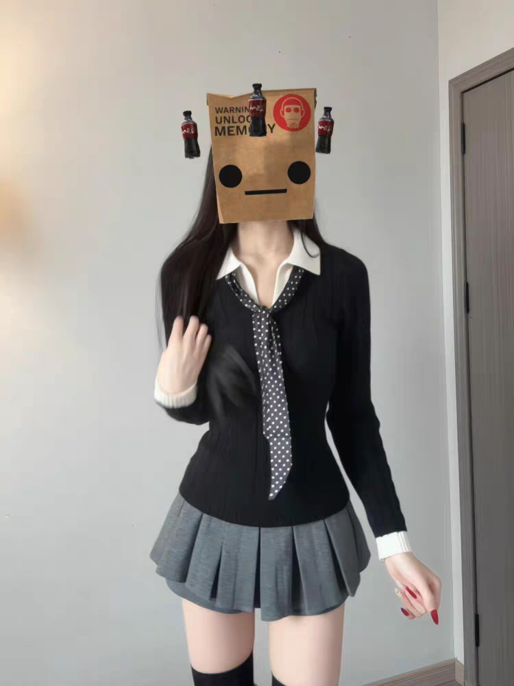 新款原创jk制服女秋冬黑色麻花针织长袖叠穿灰色箱裙气质修身套装