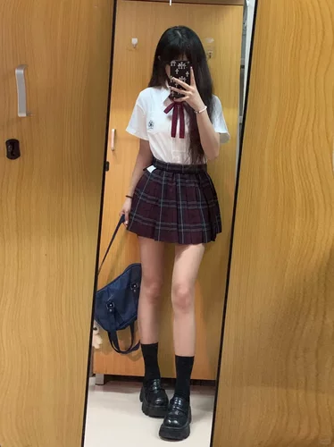 学院风jk制服白色樱花短袖衬衫叠穿玄红格裙校供感女夏季百搭套装