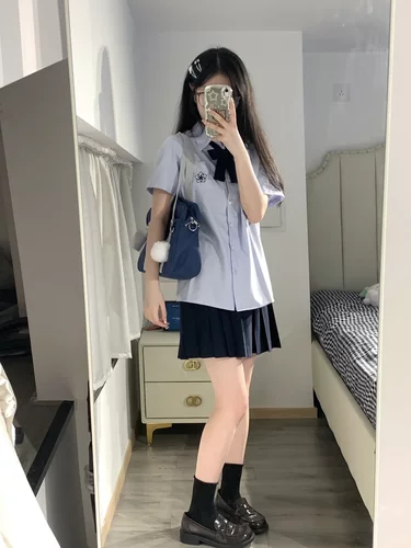 日系jk制服蓝色樱花短袖衬衫叠穿绀色短裙学生校供感学院风套装女