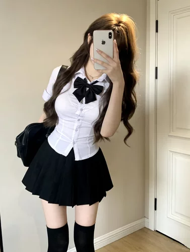 日系jk制服套装女夏季白色收腰短袖衬衫叠穿黑色短裙学院风三件套
