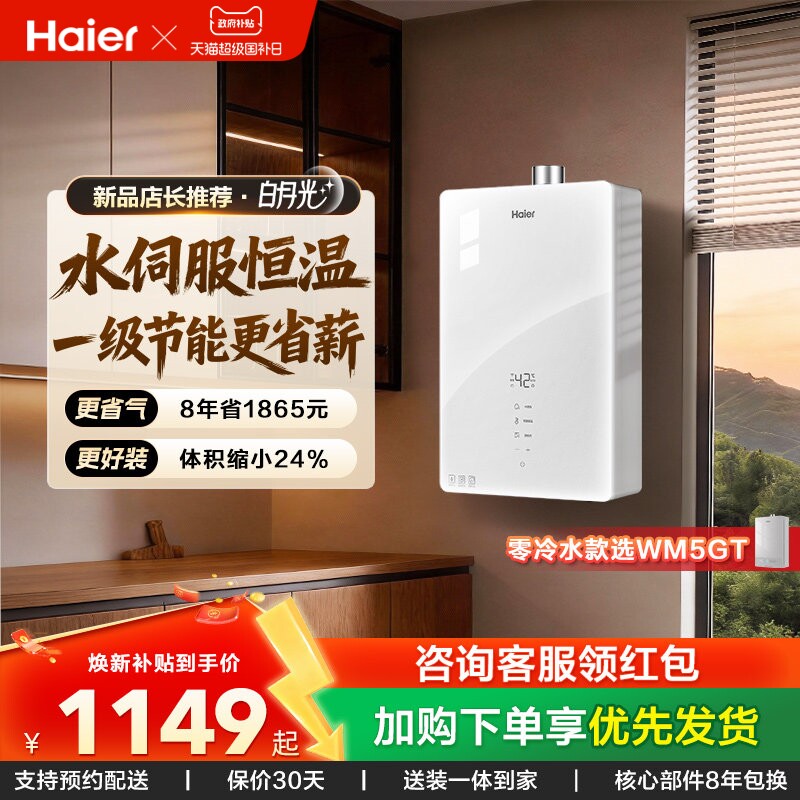 海尔官方燃气热水器天然气节能恒温水伺服16升13家用款白月光WM5C