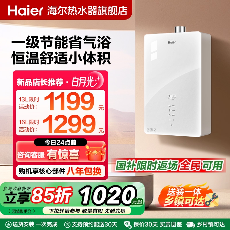 海尔官方燃气热水器天然气节能恒温水伺服16升13家用款白月光WM5C