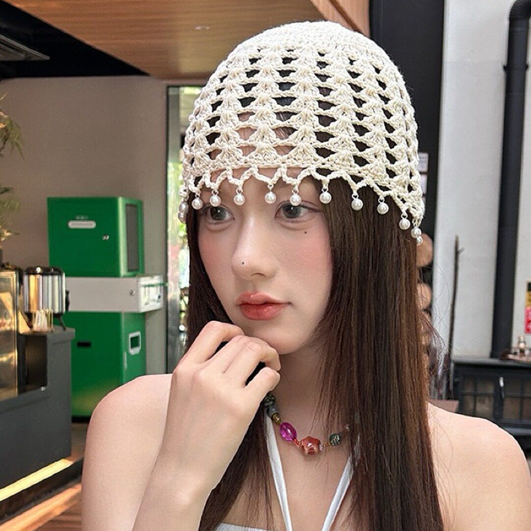 手工毛线钩花包头帽子女民族风镂空珍珠吊坠针织女士复古大帽檐套