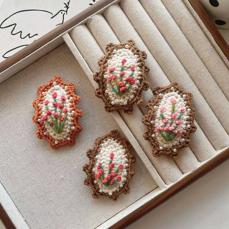 手工钩织花朵发夹女森系珍珠刺绣毛线bb夹可爱韩系头饰发饰边夹女