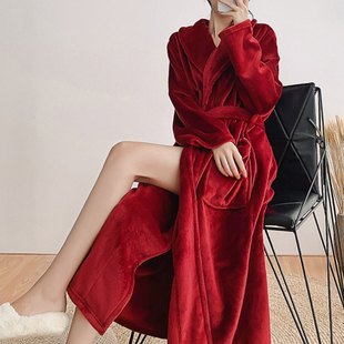 维多利亚红色珊瑚绒睡袍女款冬季加厚吸水浴袍纯色系高级感家居服