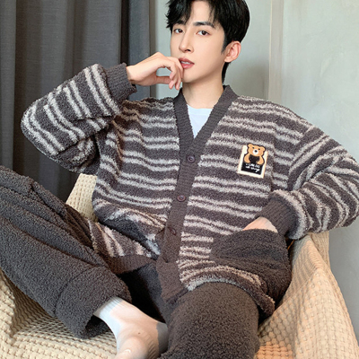 加肥加大冬季法兰绒男士睡衣套装