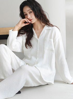 维多利亚睡衣女款2026新款春秋季长袖纯棉双层纱布白色家居服套装