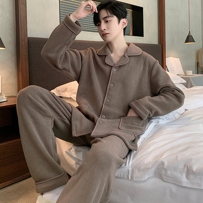 加厚珊瑚绒纯色高级感男士睡衣冬
