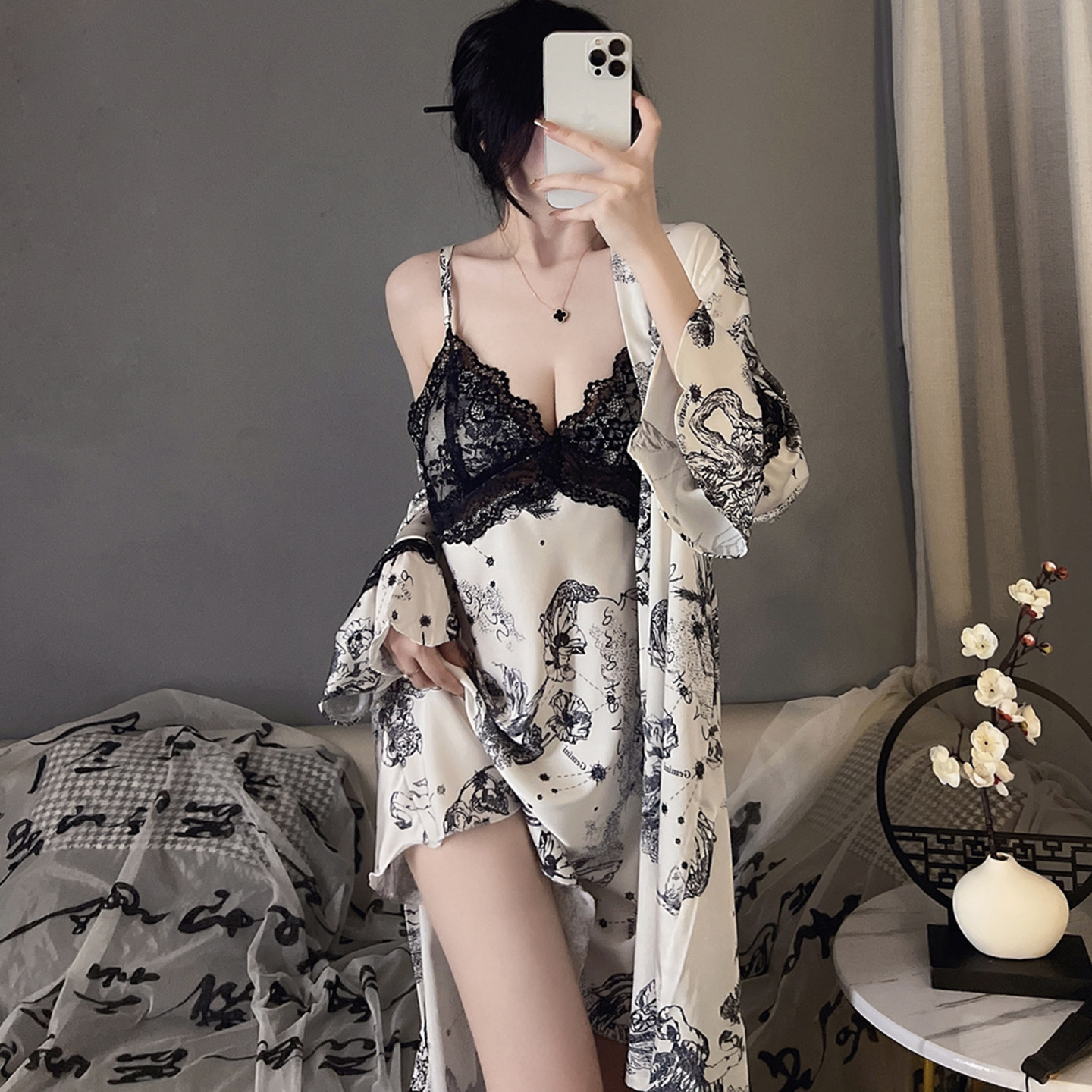 夏天冰丝纯欲风吊带女士睡裙套装图片