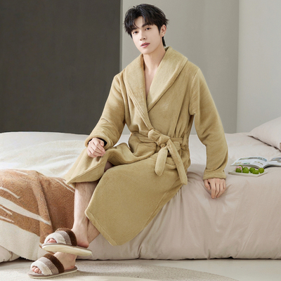 冬天珊瑚绒加厚保暖纯色男士睡袍