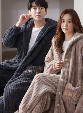 维多利亚情侣睡袍冬季加厚珊瑚绒2025新款连帽带裤子男女款家居服