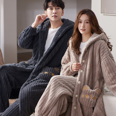 冬天珊瑚绒连帽加厚保暖情侣睡袍