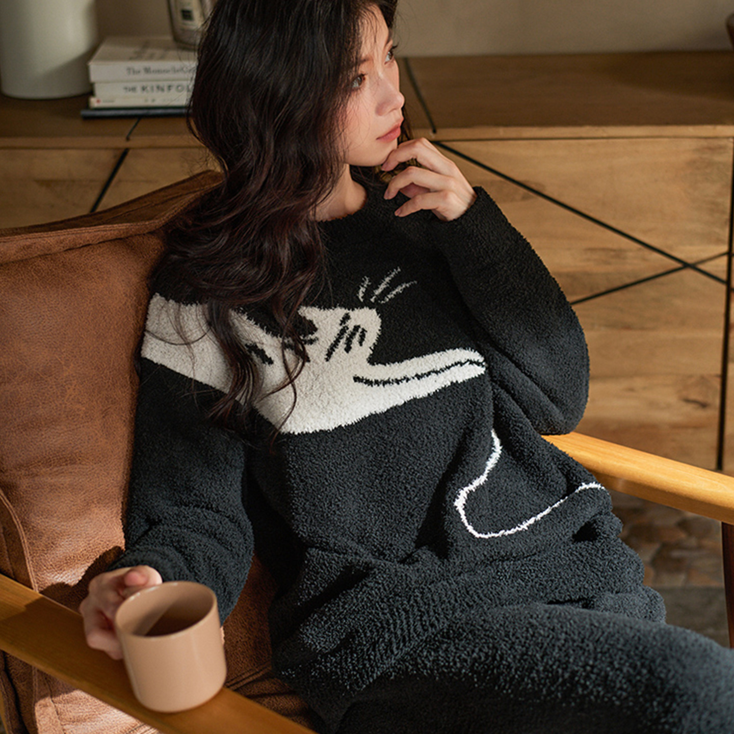 黑色系高级感冬天半边绒女士睡衣