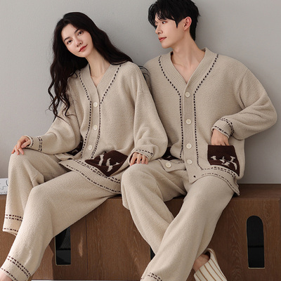 加厚保暖珊瑚绒可外穿情侣睡衣冬