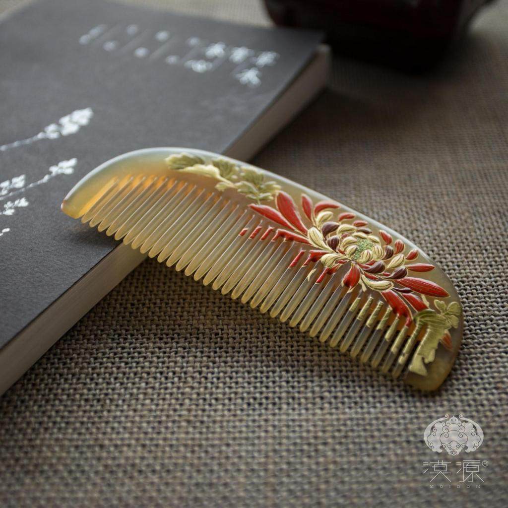 漠源正品天然牛角梳子羊角梳手绘漆艺梳生日礼物送女士