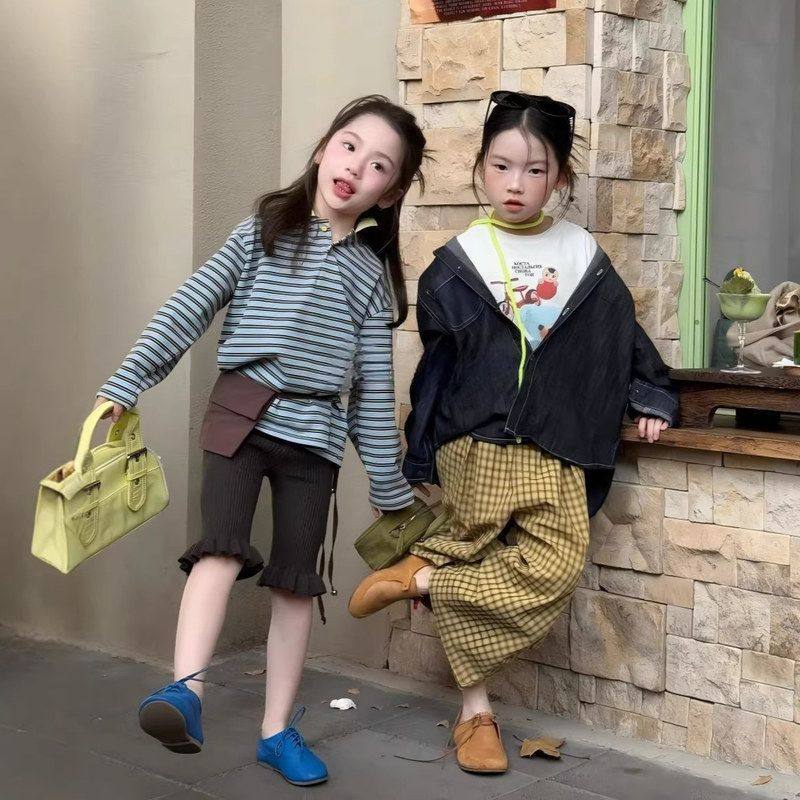 26春季新款女童韩版条纹polo衫T恤上衣儿童洋气木耳边针织裤套装,童装/婴儿装/亲子装,套装,淘宝优惠券,粉丝福利购,淘宝优惠卷