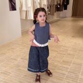 套装 26夏季 背心上衣儿童韩版 格子阔腿裤 新款 女童洋气花边拼接无袖