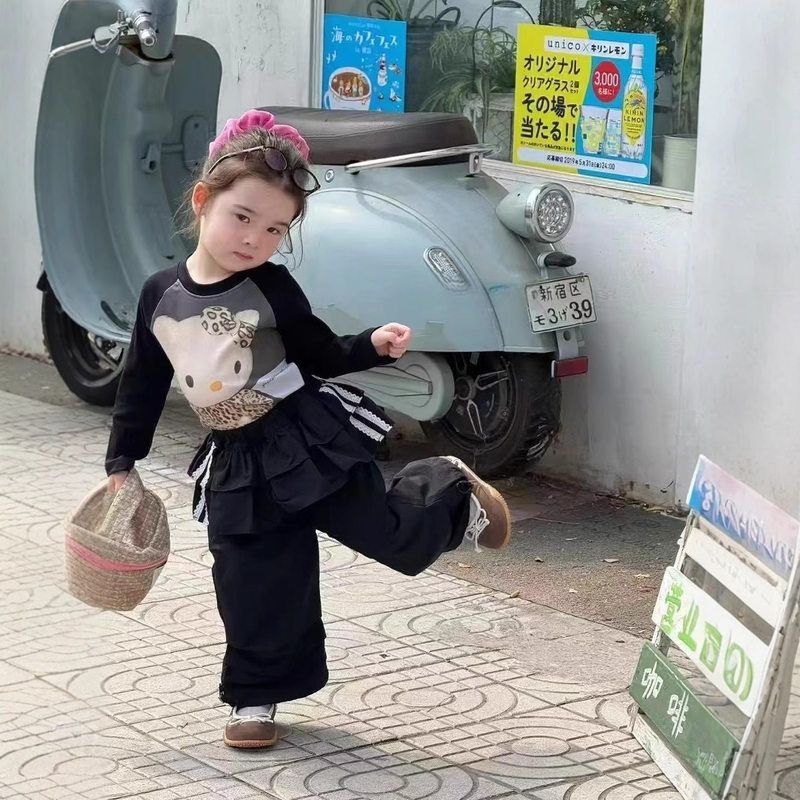 秋季新款女童洋气卡通可爱长袖T恤上衣儿童时髦假两件休闲裤套装