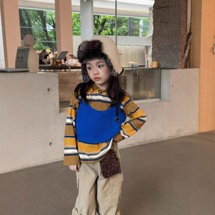 新款 条纹休闲上衣POLO衫 25秋季 女童韩版 潮 儿童洋气百搭休闲裤 套装