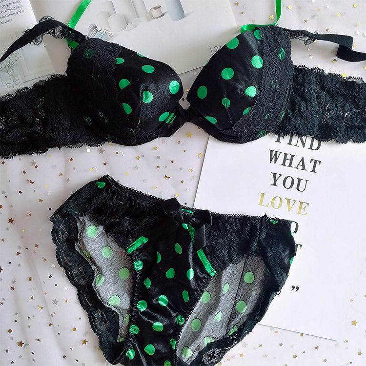 日系少女文胸套装可爱绿色波点黑底甜美清新蕾丝甜萌妹纸内衣套装