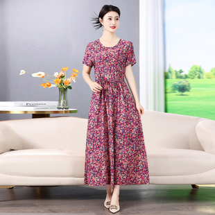 妈妈装气质棉绸连衣裙夏季碎花大摆人造棉裙子短袖宽松绵绸过膝裙