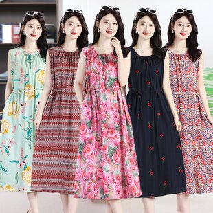 有口袋无袖棉绸连衣裙女宽松显瘦夏季中长款田园风印花裙子可外穿
