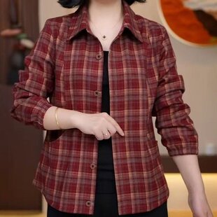 春秋妈妈装复古红色格子衬衫女士休闲翻领中老年时尚百搭长袖外套