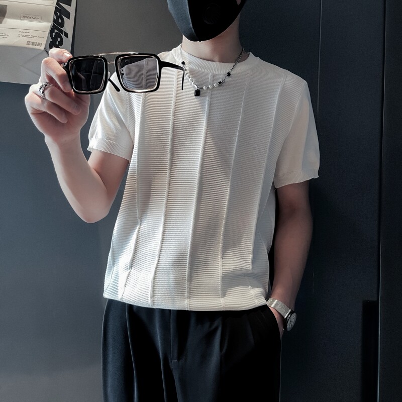 ZZ01-P58社会小伙男士夏季新款肌理条纹针织冰凉圆领纯色短袖T恤图片