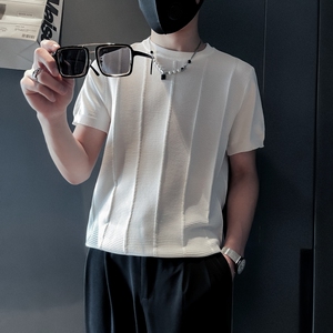 ZZ01-P58社会小伙男士夏季新款肌理条纹针织冰凉圆领纯色短袖T恤图片