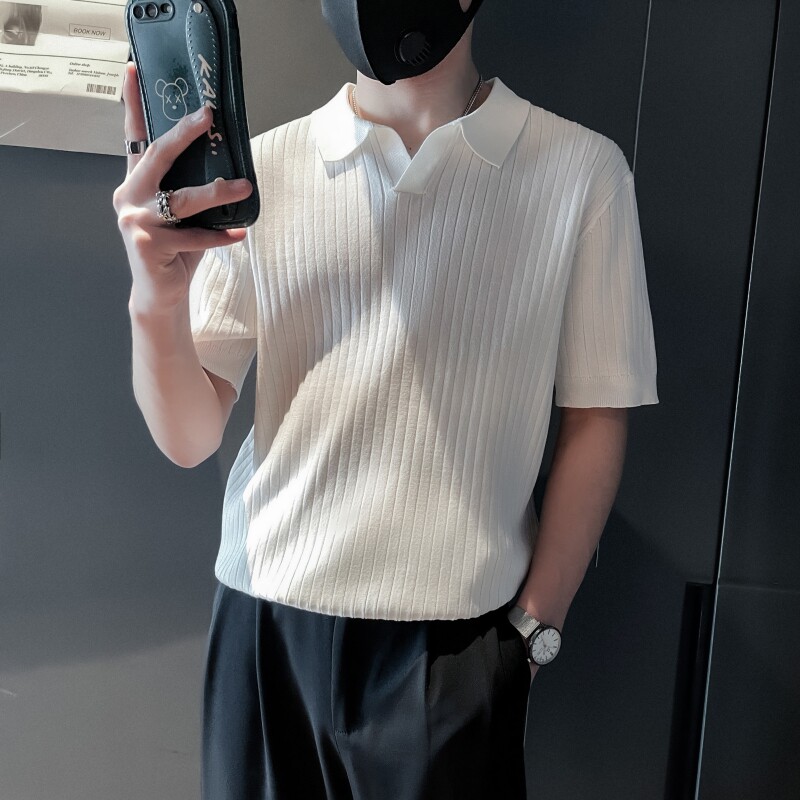 ZZ04-P58社会小伙黑色高端针织男夏季修身V翻领短袖t恤潮牌条纹,男装针织衫/毛衣,电商B363-1