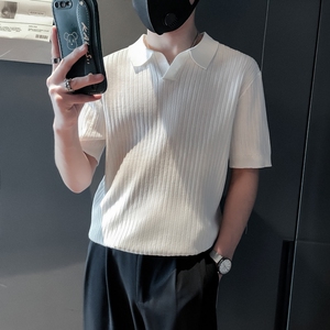 ZZ04-P58社会小伙黑色高端针织男夏季修身V翻领短袖t恤潮牌条纹图片