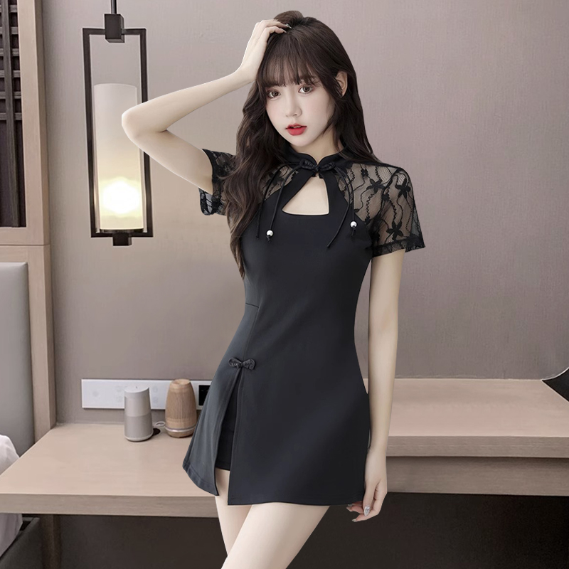 中国风酒店佳丽夜场工作服遮肚显瘦连衣裙女旗袍桑拿足浴技师服