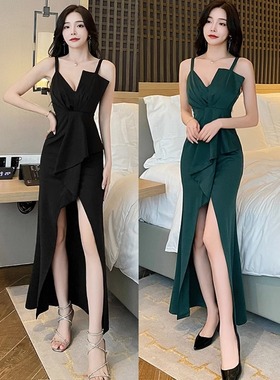 夜场性感连衣裙纯欲风夜总店黑色开叉长裙晚礼服女2023新款高级感