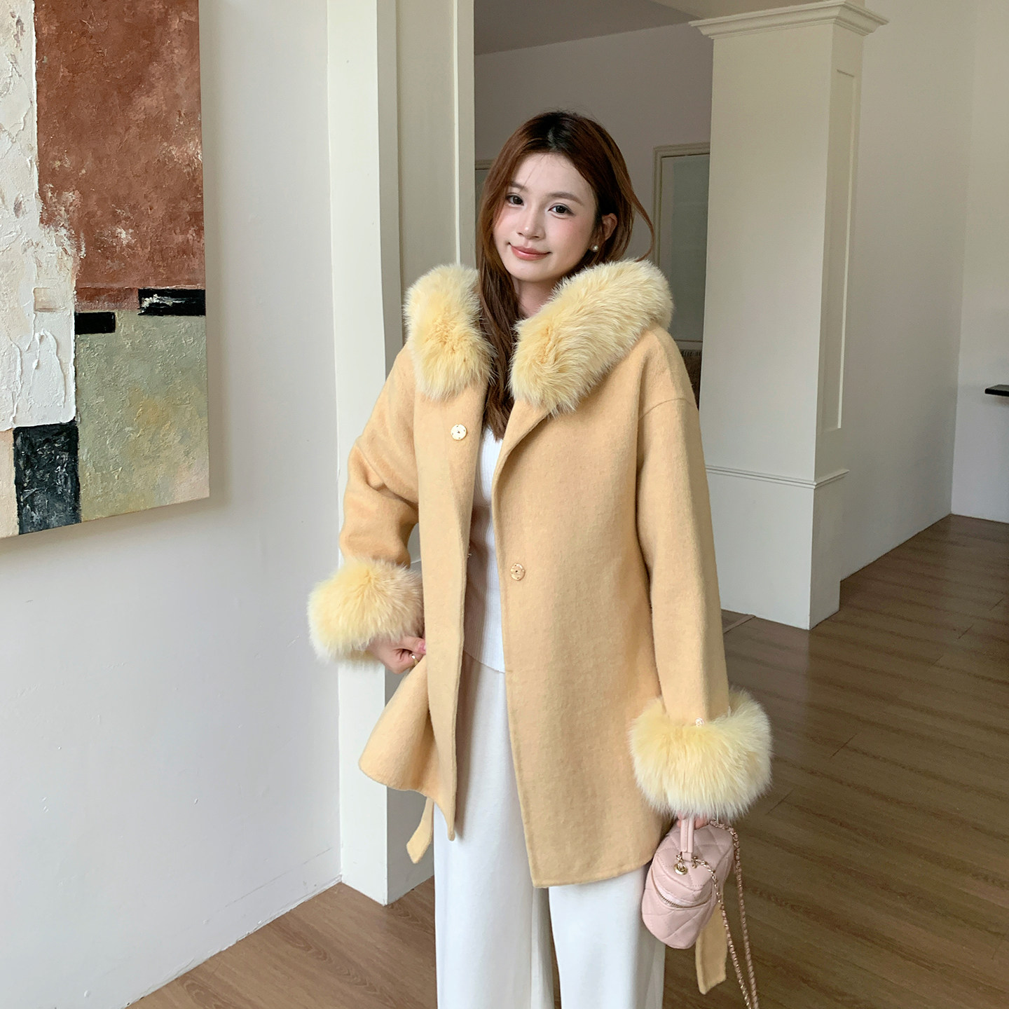 狐狸毛领连帽双面羊毛大衣女中长