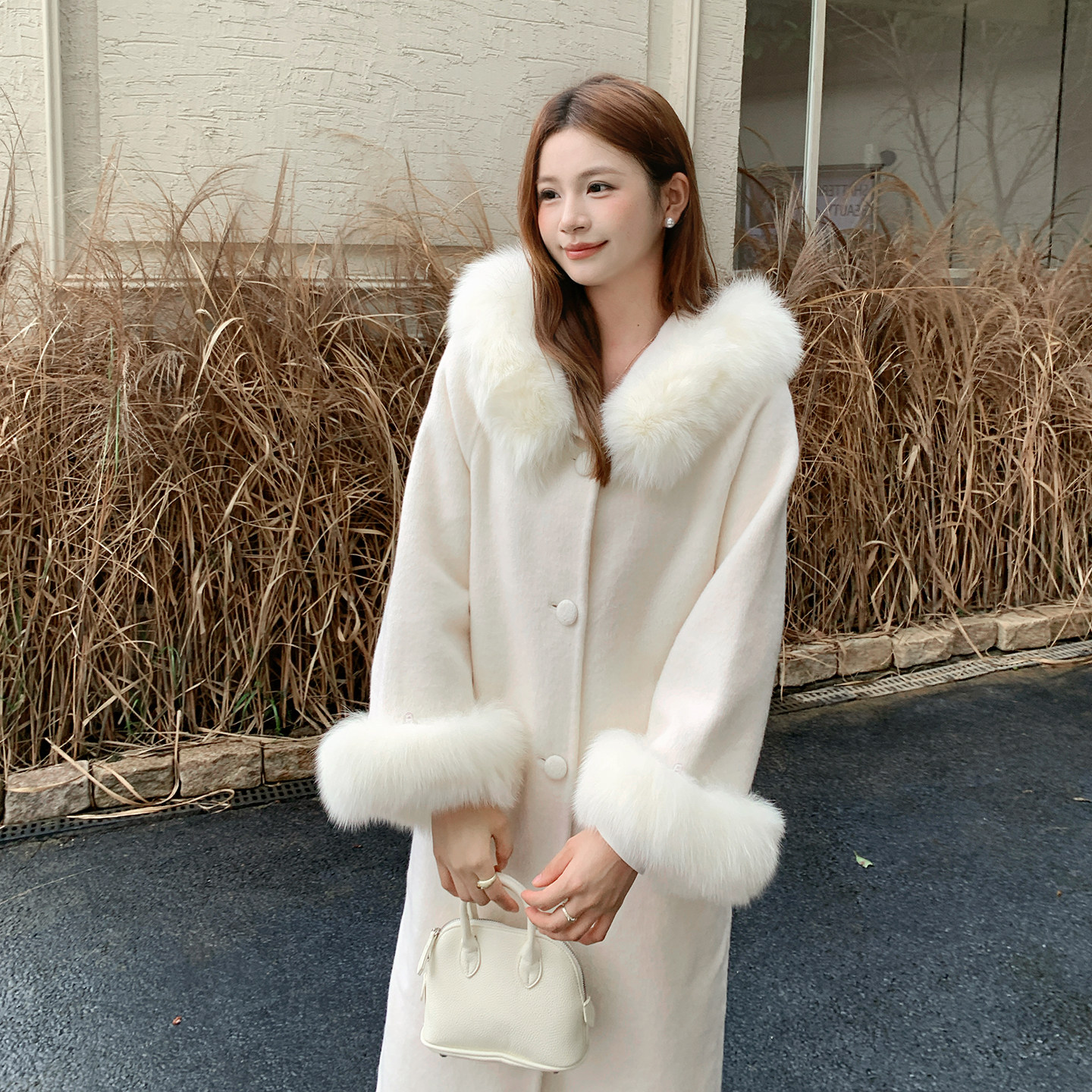 狐狸毛领羊毛双面呢大衣女中长款